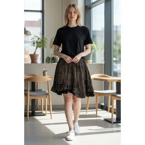 Bambu Women's One Size Abstract Print Flared Skirt Black Tan Lace Trim